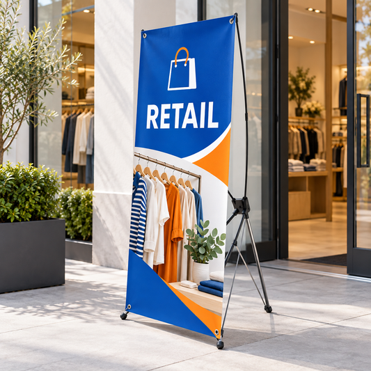 Illustrative retail custom X-stand banner mockup; final artwork and configuration are confirmed before production.