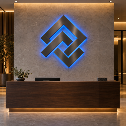 Brushed metal custom logo sign with a uniform blue halo mounted in a modern corporate reception lobby