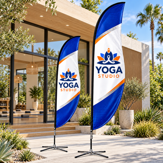 Illustrative yoga wellness custom blade-flag mockup; final artwork and configuration are confirmed before production.