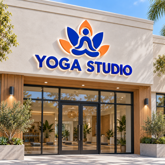 Illustrative yoga wellness custom storefront channel-letter sign mockup; final artwork and configuration are confirmed before production.