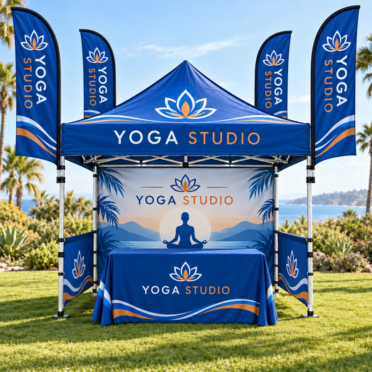 Illustrative yoga wellness custom 10x10 tent and flag package mockup; final artwork and configuration are confirmed before production.