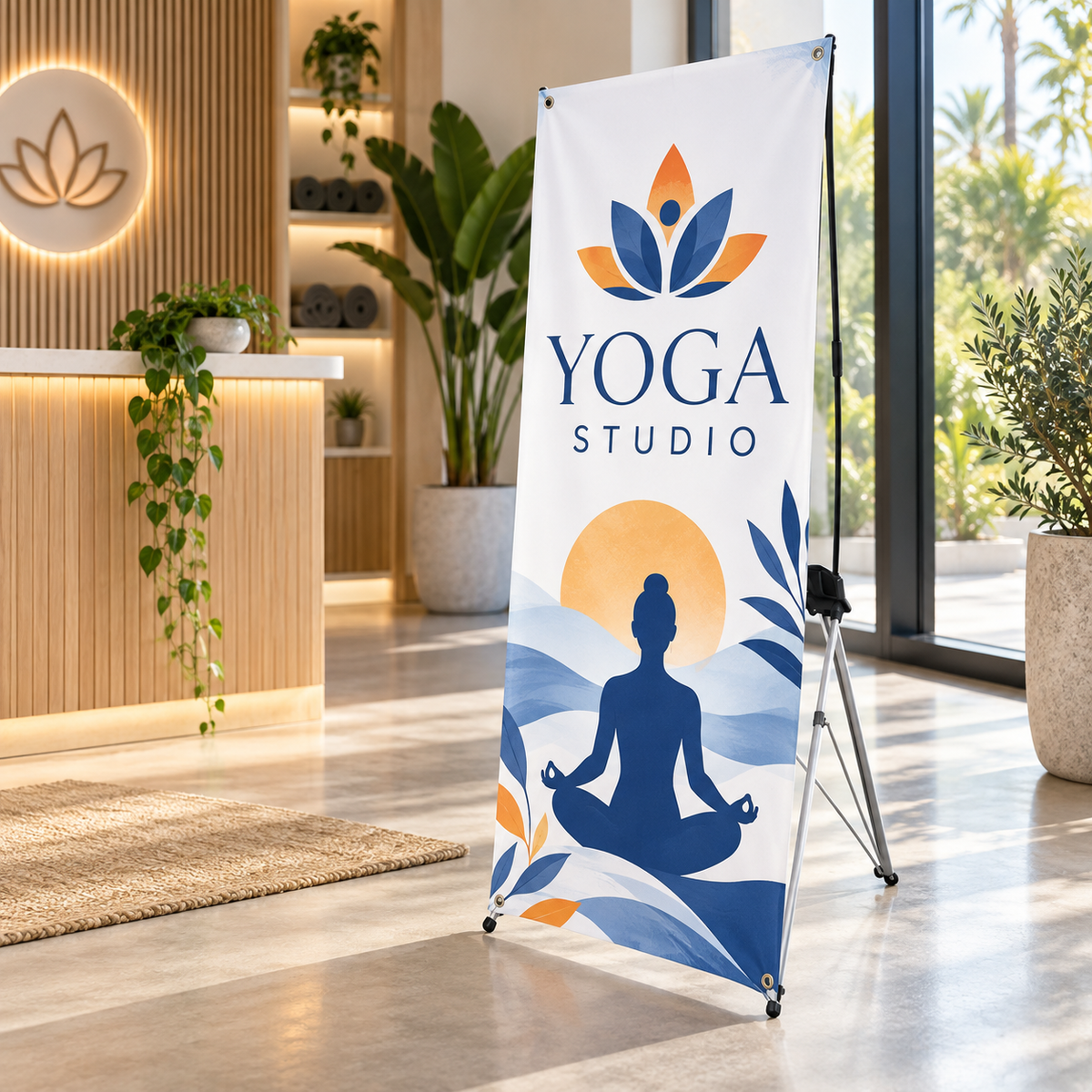 Illustrative yoga wellness custom X-stand banner mockup; final artwork and configuration are confirmed before production.