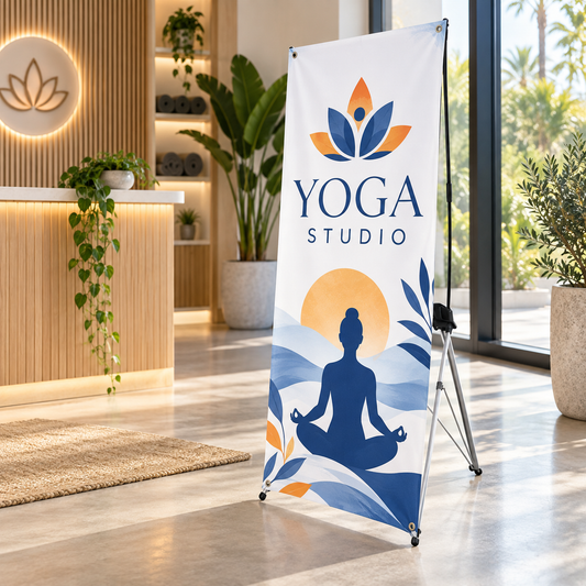 Illustrative yoga wellness custom X-stand banner mockup; final artwork and configuration are confirmed before production.