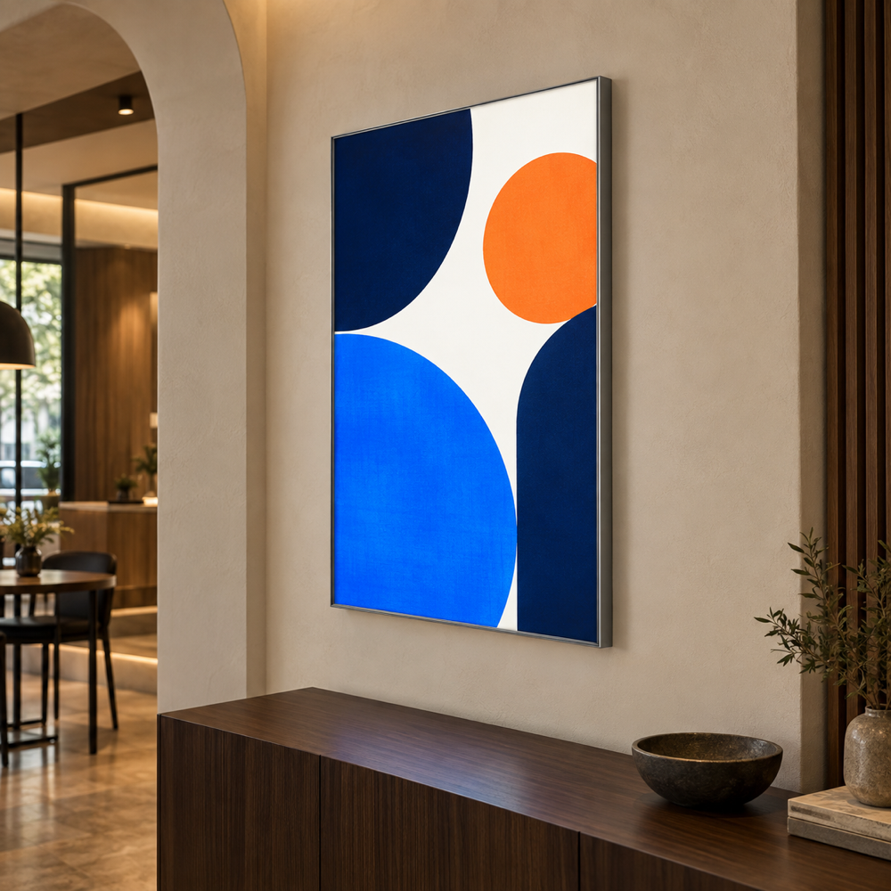 Ultra-slim illuminated wall light box displaying abstract blue and orange artwork in a premium cafe interior