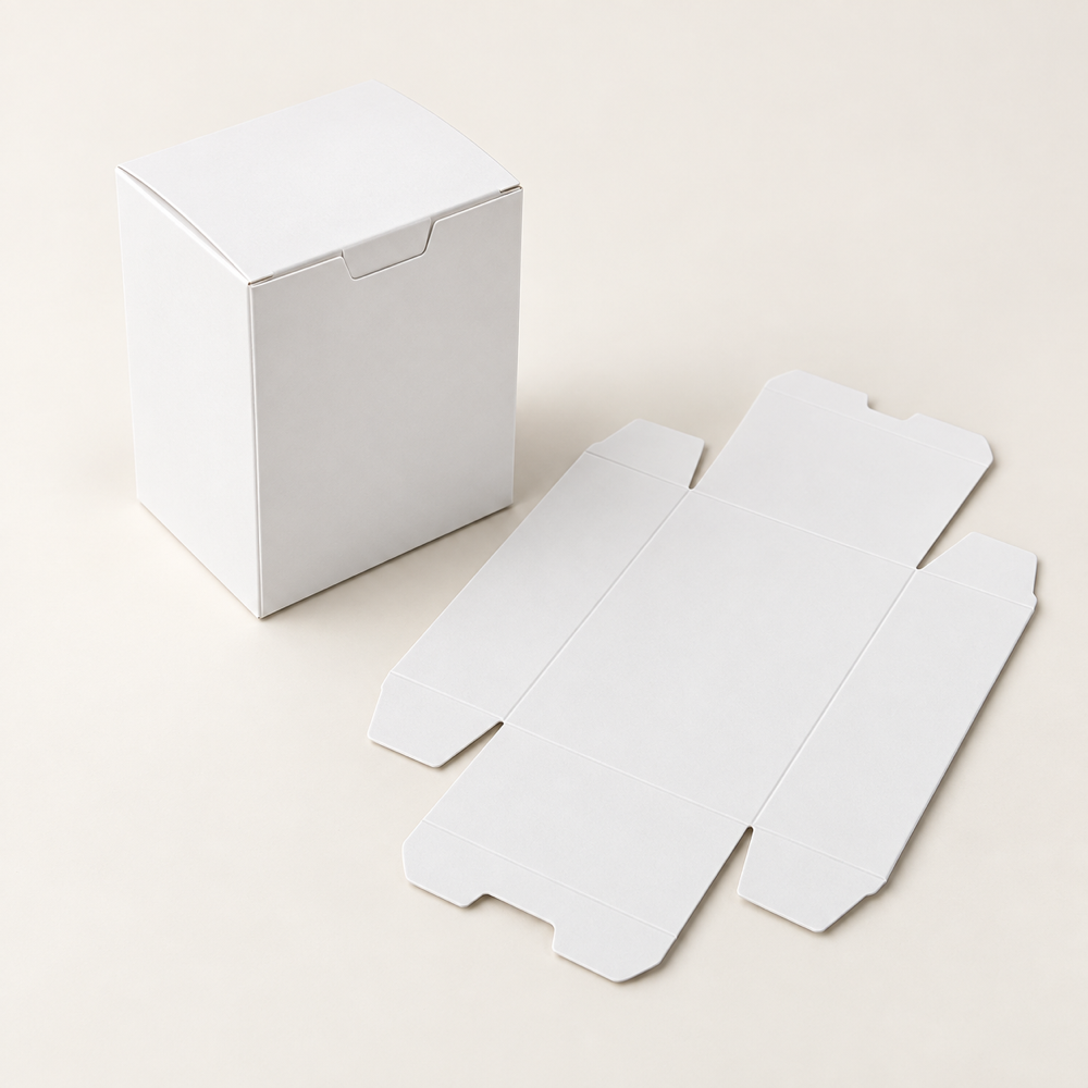 Concepto ilustrativo generado con IA de estuches plegables personalizados, sin marca
