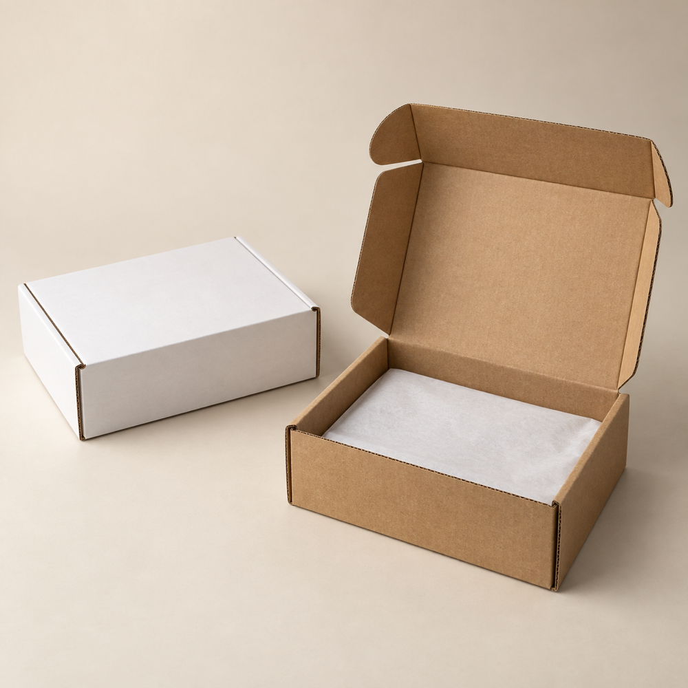 Illustrative AI concept of custom printed mailer boxes, blank and unbranded