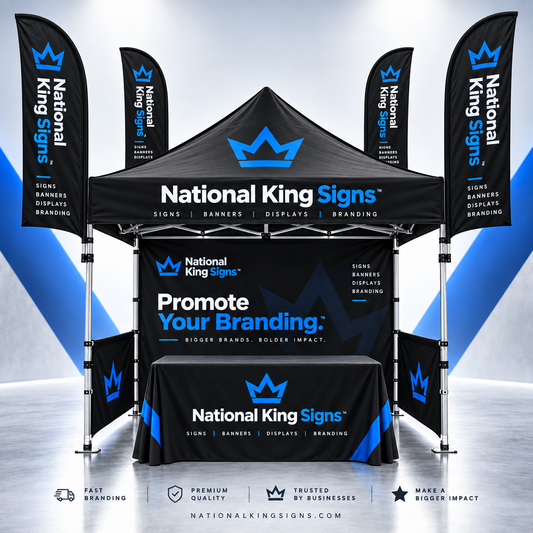 National King Signs 10x10 custom tent package branding mockup in black, blue and white, with four feather flags, a back wall, half walls and a table cover.