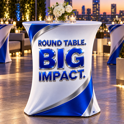 Artwork inspiration for Premium Round Stretch Table Cover: Round Table, Big Impact, printed blue and silver 3D effect. Illustrative setting; see original product photos for fit. Table, flowers and candles not included.