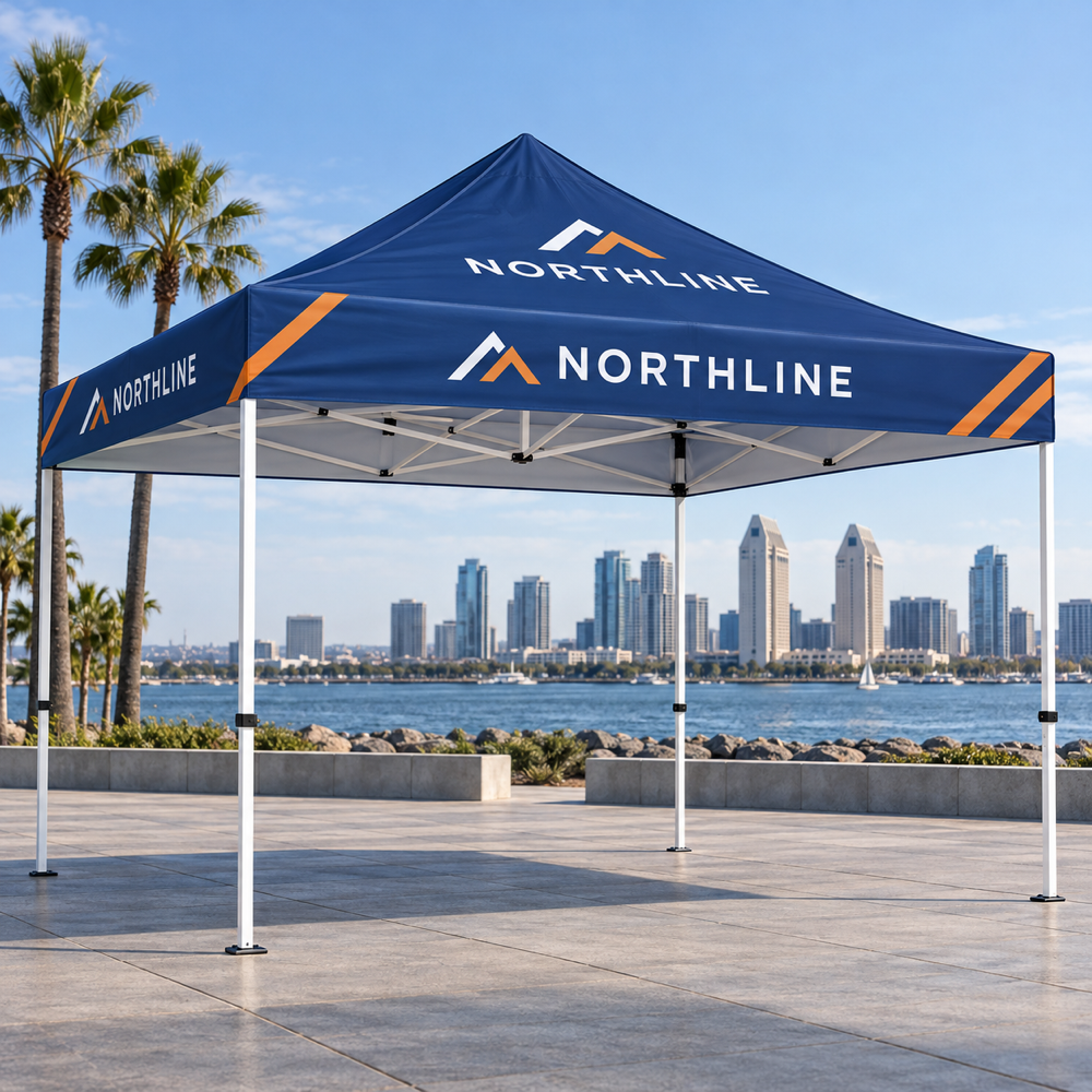 Illustrative Custom 10 x 10 ft Event Tent custom-design mockup; final specification confirmed before order acceptance.