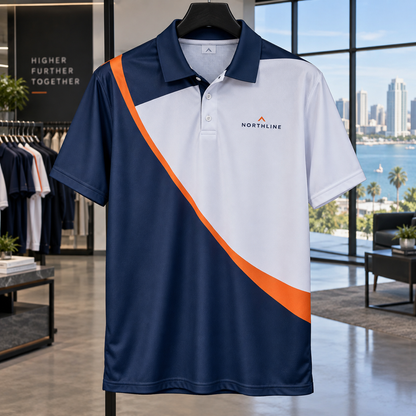 Illustrative Full-Color Custom Performance Polo custom-design mockup; final specification confirmed before order acceptance.