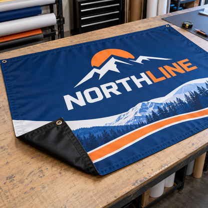 Illustrative Custom 8 oz Black-Back Fabric Banner custom-design mockup; final specification confirmed before order acceptance.