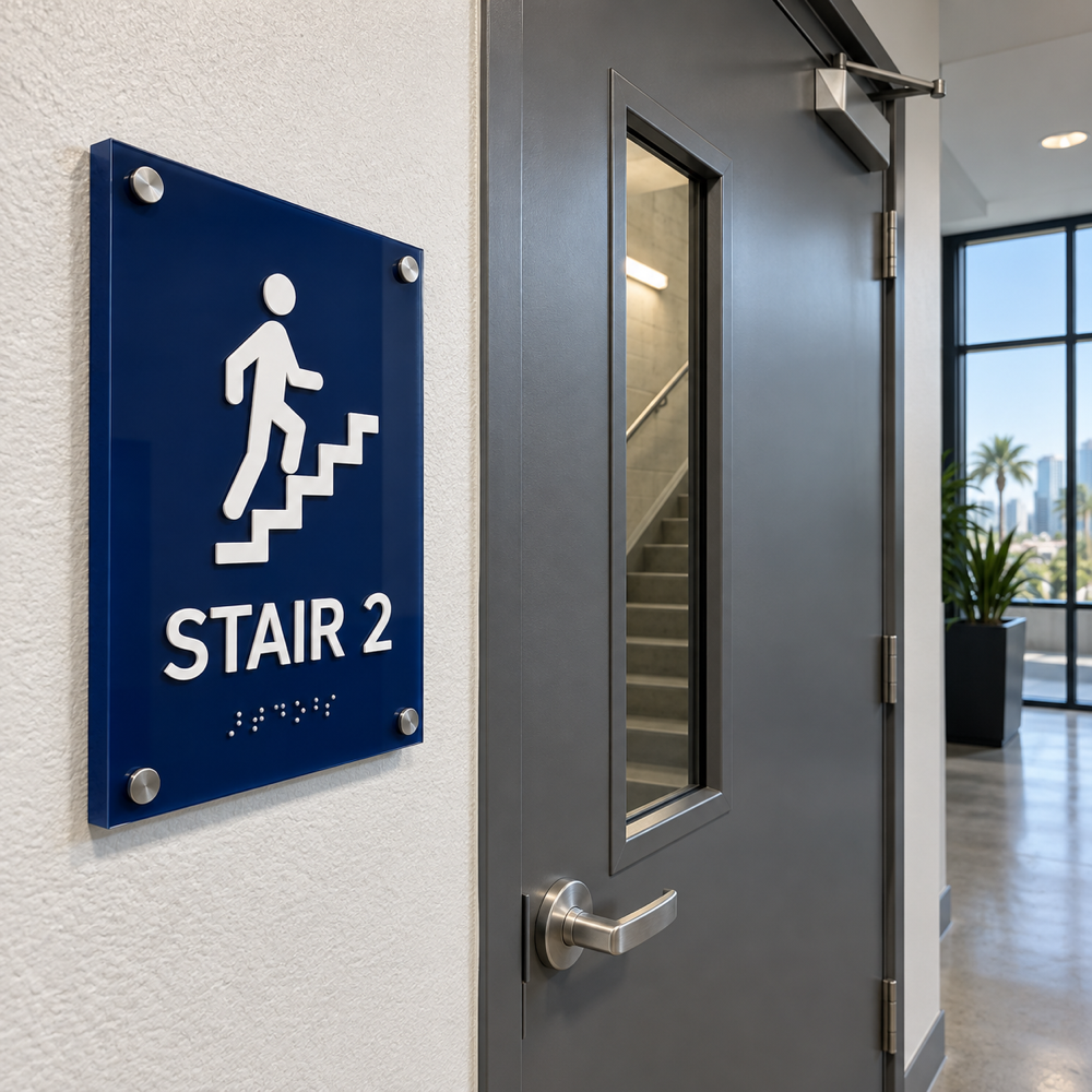 Illustrative Acrylic Stairwell Identification Sign | 6" x 8" custom-design mockup; final specification confirmed before order acceptance.