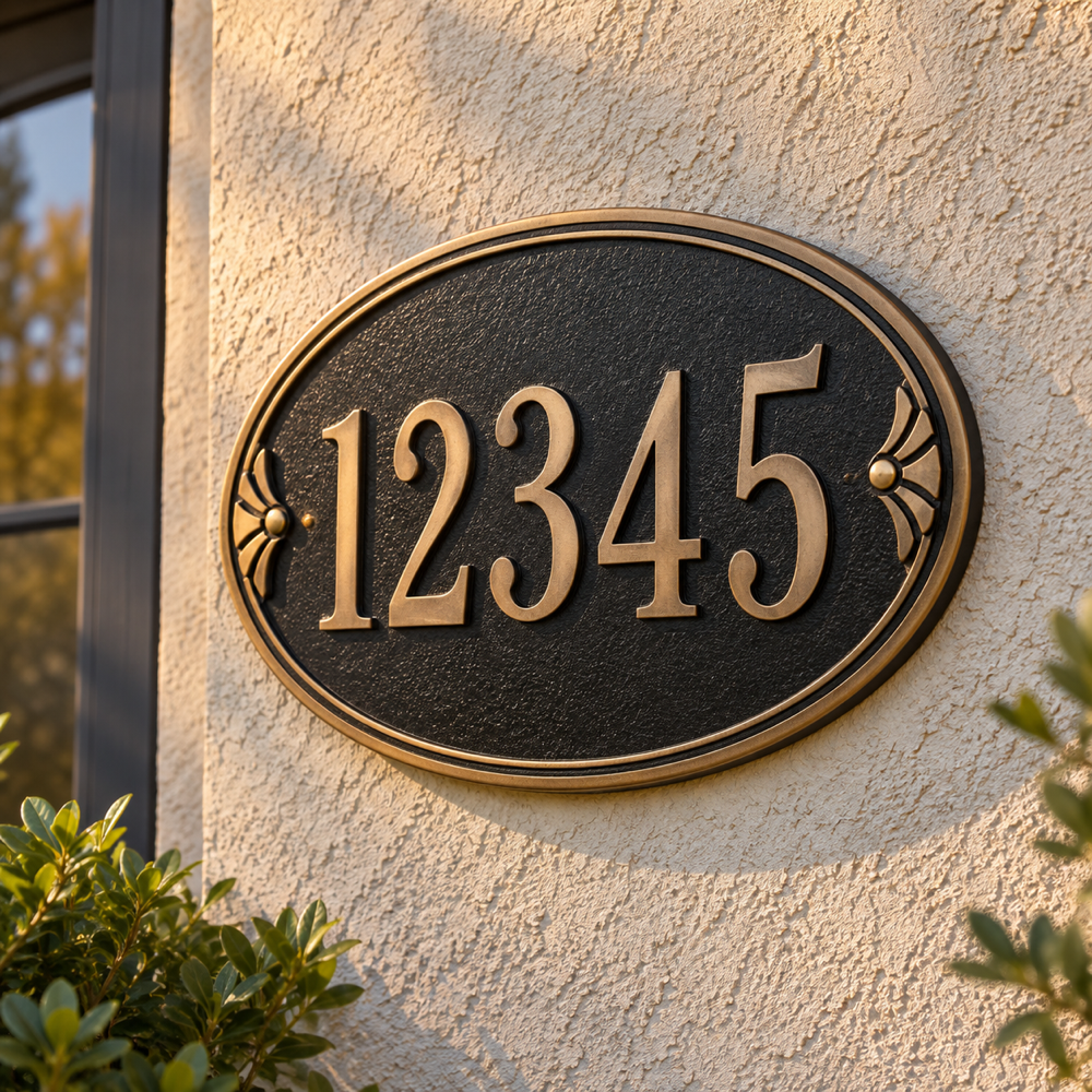 Illustrative Personalized Oval Address Plaque custom-design mockup; final specification confirmed before order acceptance.