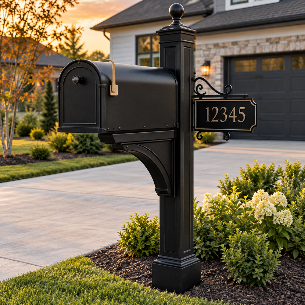 Illustrative Modern Mailbox, Post & Address Plaque Package custom-design mockup; final specification confirmed before order acceptance.