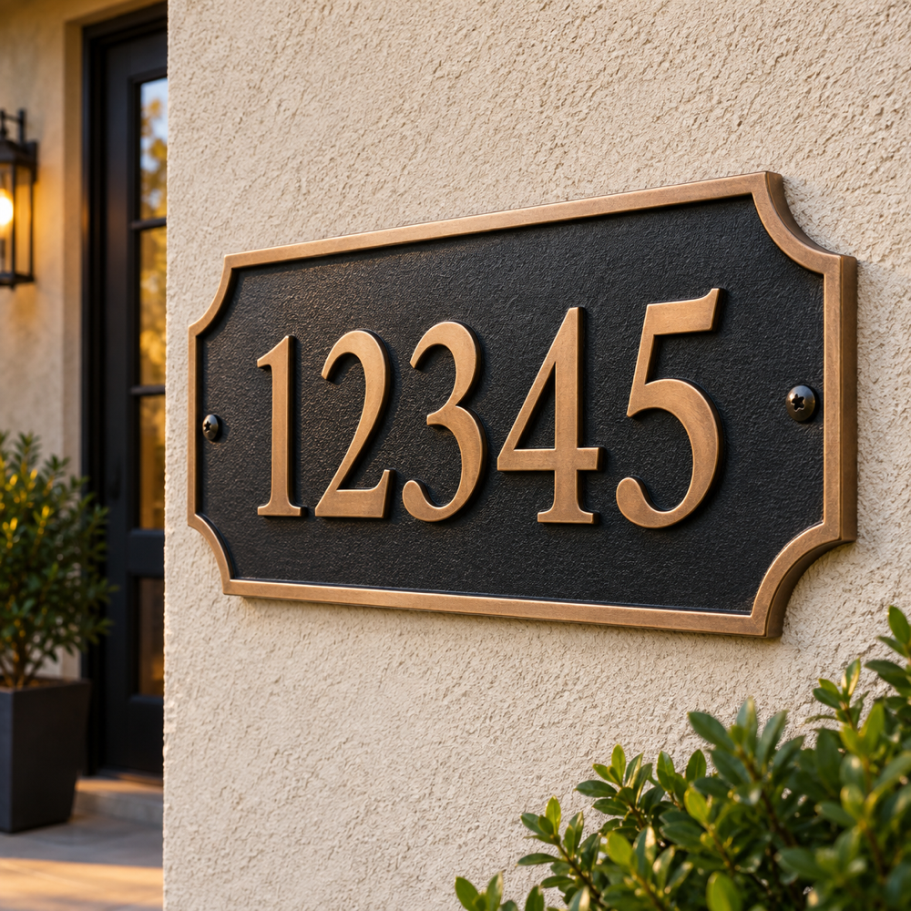 Illustrative Classic Personalized Address Plaque custom-design mockup; final specification confirmed before order acceptance.
