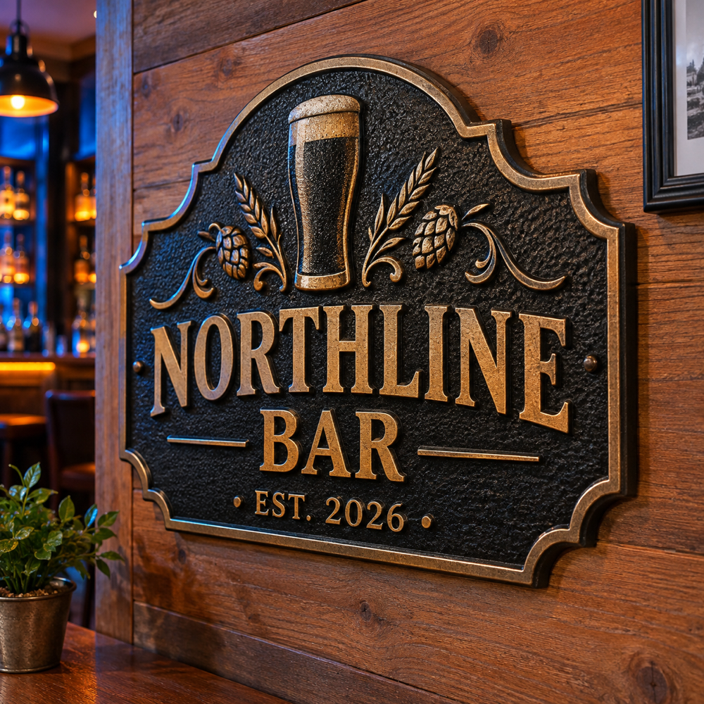 Illustrative Personalized Established-Year Bar Plaque custom-design mockup; final specification confirmed before order acceptance.