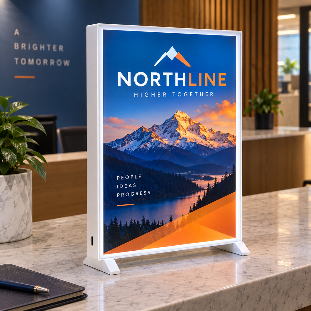 Illustrative Rechargeable Tabletop Light Box custom-design mockup; final specification confirmed before order acceptance.