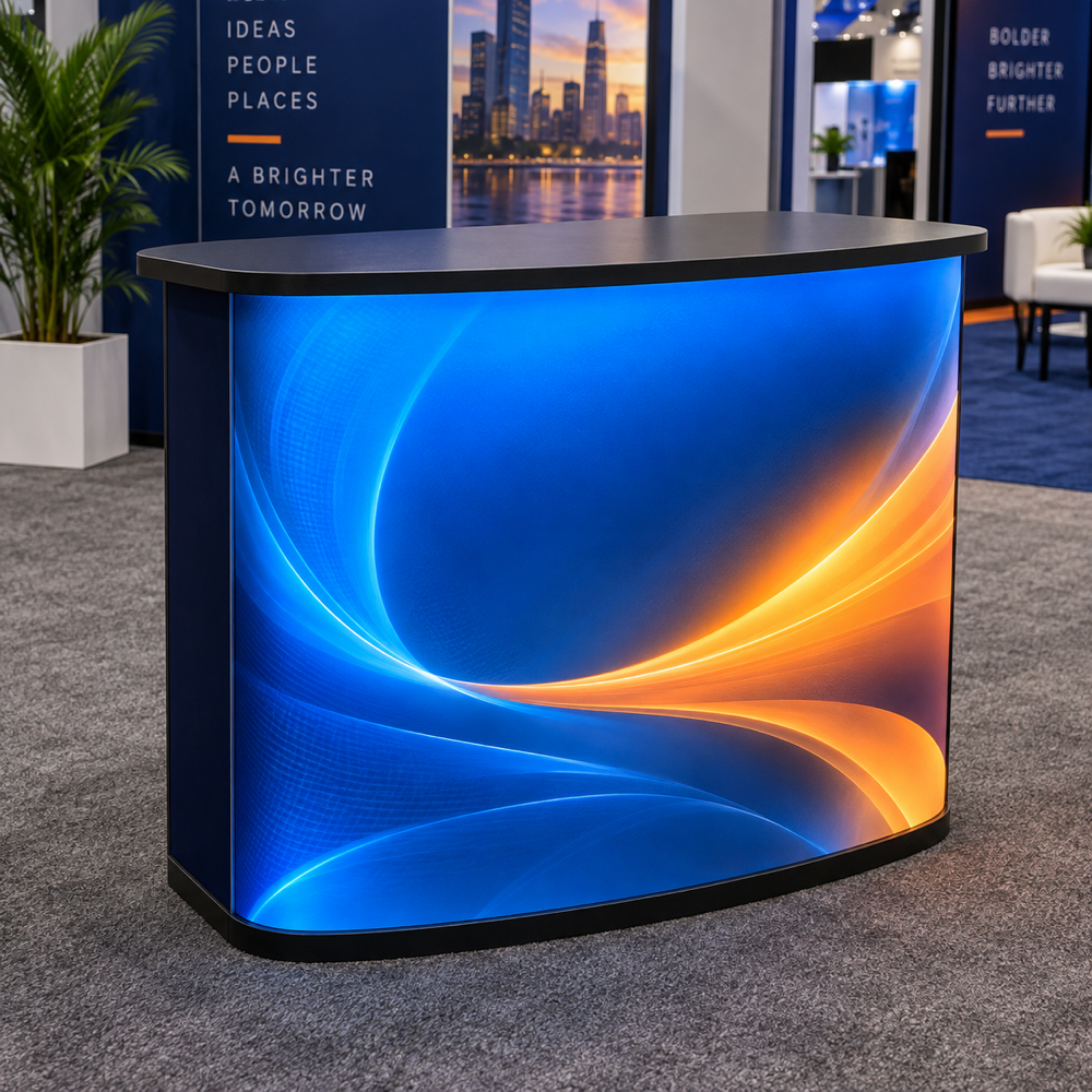 Illustrative Backlit Branded Exhibit Counter custom-design mockup; final specification confirmed before order acceptance.