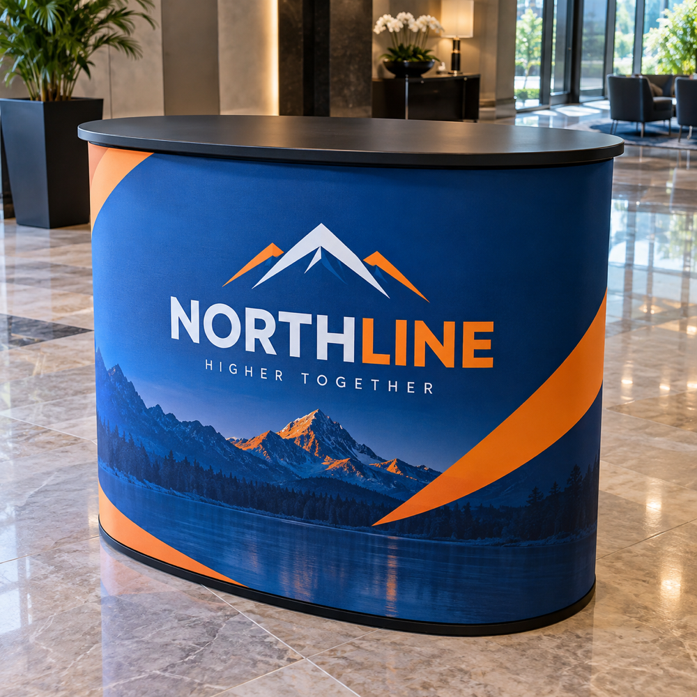 Illustrative Custom Oval Exhibit Counter custom-design mockup; final specification confirmed before order acceptance.