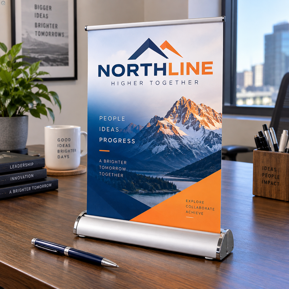 Illustrative Mini Retractable Tabletop Banner custom-design mockup; final specification confirmed before order acceptance.