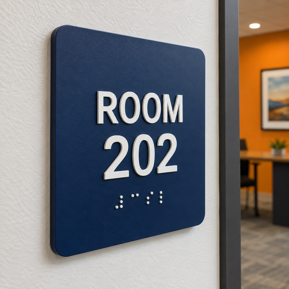 Illustrative Compression-Formed Tactile Room Sign custom-design mockup; final specification confirmed before order acceptance.