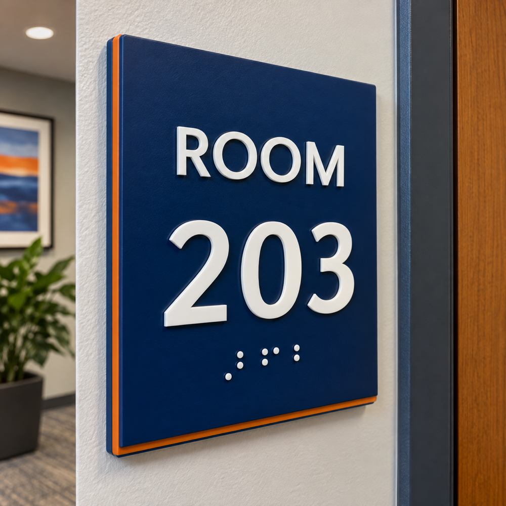 Illustrative Inlaid Applique Tactile Room Sign custom-design mockup; final specification confirmed before order acceptance.
