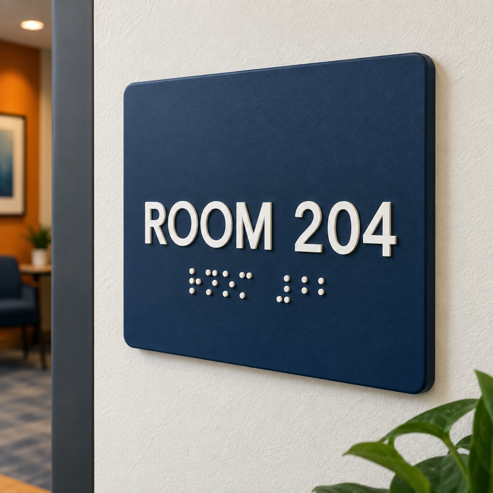 Illustrative Photopolymer Tactile Room Sign custom-design mockup; final specification confirmed before order acceptance.