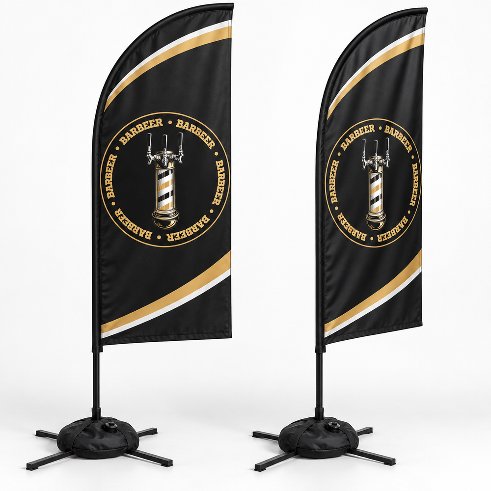 BARBEER Feather Flag Set | 2 Double-Sided Flags. AI-generated branding mockup; final proof approved before production.