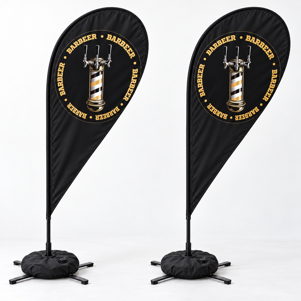BARBEER Teardrop Flag Set | 2 Double-Sided Flags. AI-generated branding mockup; final proof approved before production.