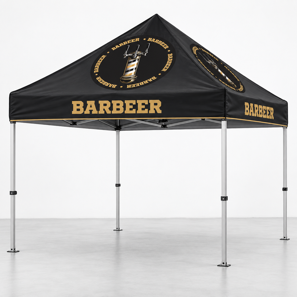 BARBEER Branded Canopy Tent | 10 × 10 ft. AI-generated branding mockup; final proof approved before production.