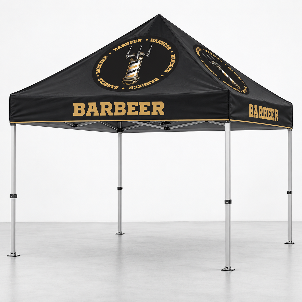 BARBEER Branded Canopy Tent | 10 × 10 ft. AI-generated branding mockup; final proof approved before production.
