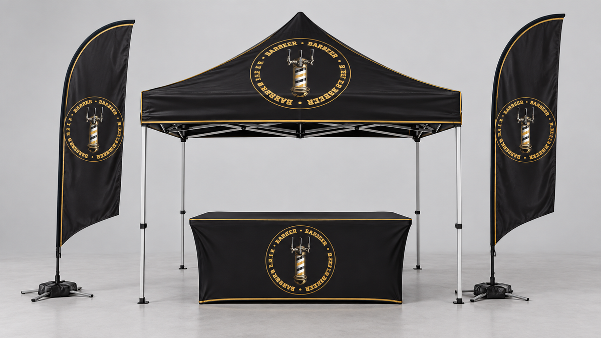 BARBEER Complete Event Booth Kit | Tent + Flags + Table Cover. AI-generated branding mockup; final proof approved before production.