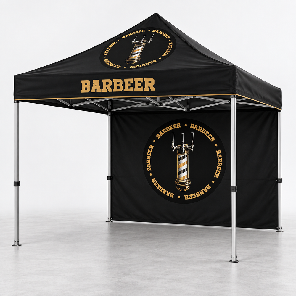 BARBEER Canopy with Full Back Wall | 10 × 10 ft. AI-generated branding mockup; final proof approved before production.