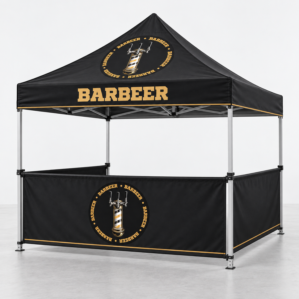 BARBEER Event Booth with Half Walls | 10 × 10 ft. AI-generated branding mockup; final proof approved before production.