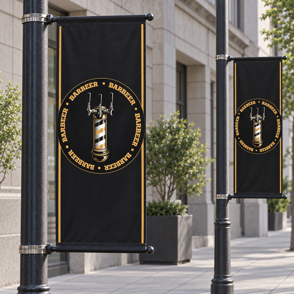 BARBEER Street Pole Banner Set | 2 Banners + Mounting Kits. AI-generated branding mockup; final proof approved before production.