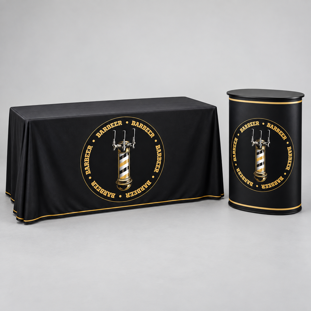 BARBEER Table Cover + Portable Counter Kit. AI-generated branding mockup; final proof approved before production.