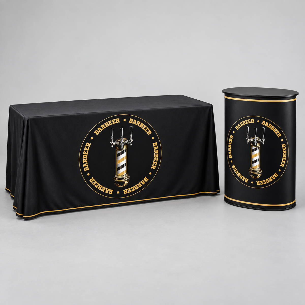 BARBEER Table Cover + Portable Counter Kit. AI-generated branding mockup; final proof approved before production.