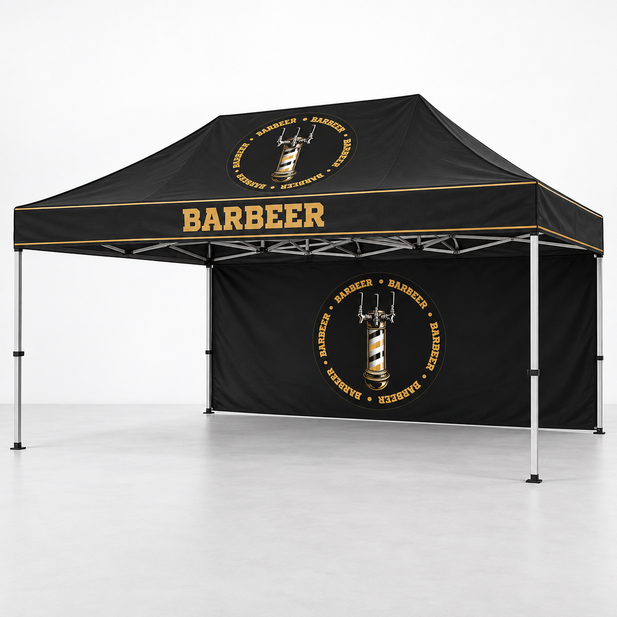BARBEER Canopy with Full Back Wall | 10 × 15 ft. AI-generated branding mockup; final proof approved before production.