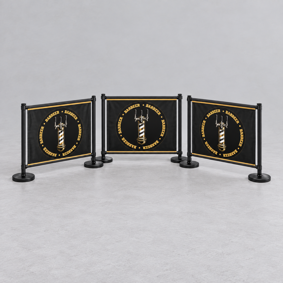 BARBEER Café Barrier Set | 3 Independent Branded Modules. AI-generated branding mockup; final proof approved before production.
