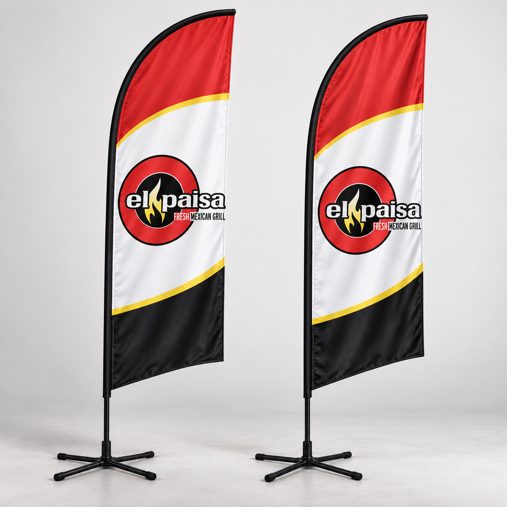 El Paisa Feather Flag Set | 2 Double-Sided Flags. AI-generated branding mockup; final proof approved before production.