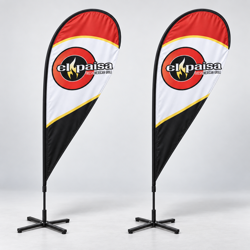 El Paisa Teardrop Flag Set | 2 Double-Sided Flags. AI-generated branding mockup; final proof approved before production.