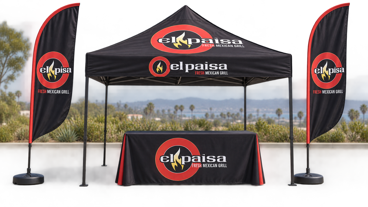 El Paisa Complete Event Booth Kit | Tent + Flags + Table Cover. AI-generated branding mockup; final proof approved before production.