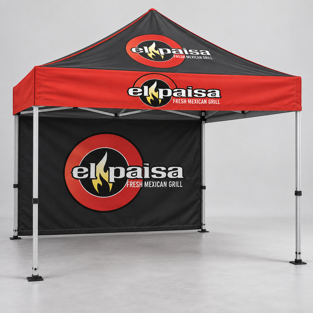 El Paisa Canopy with Full Back Wall | 10 × 10 ft. AI-generated branding mockup; final proof approved before production.