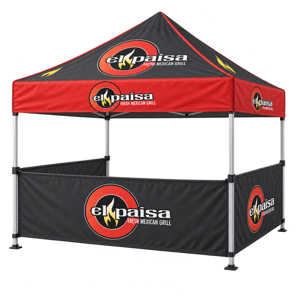 El Paisa Food Booth with Half Walls | 10 × 10 ft. AI-generated branding mockup; final proof approved before production.