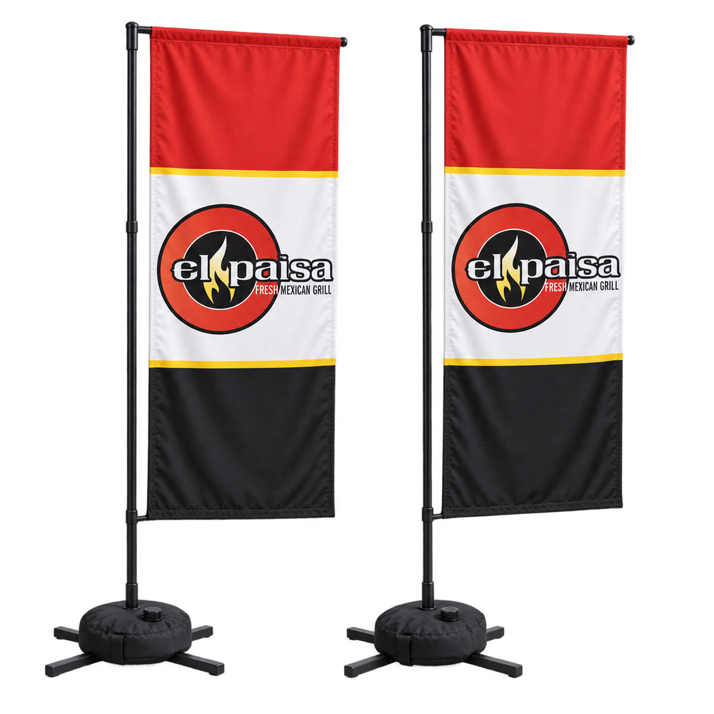 El Paisa Rectangular Flag Set | 2 Double-Sided Flags. AI-generated branding mockup; final proof approved before production.