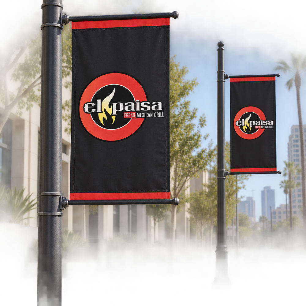 El Paisa Street Pole Banner Set | 2 Banners + Mounting Kits. AI-generated branding mockup; final proof approved before production.