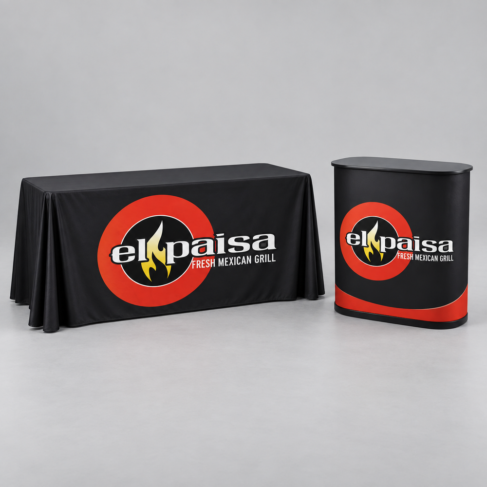 El Paisa Table Cover + Portable Counter Kit. AI-generated branding mockup; final proof approved before production.