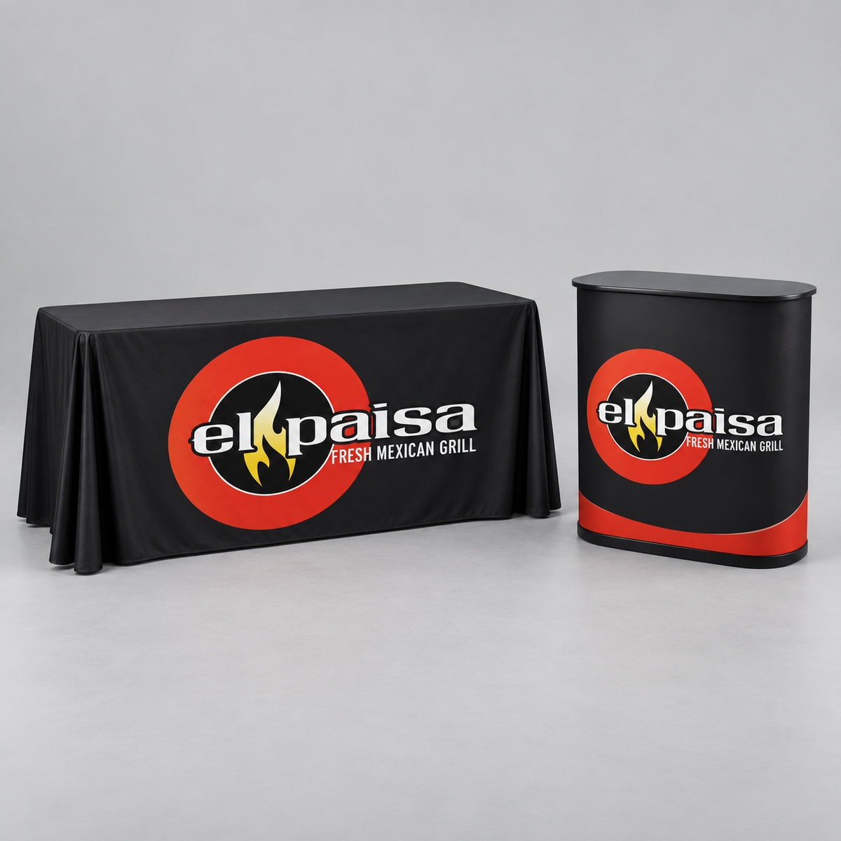 El Paisa Table Cover + Portable Counter Kit. AI-generated branding mockup; final proof approved before production.