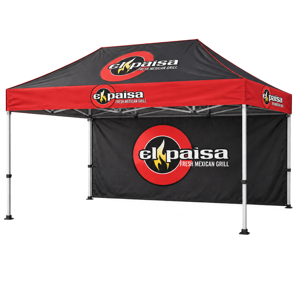 El Paisa Canopy with Full Back Wall | 10 × 15 ft. AI-generated branding mockup; final proof approved before production.
