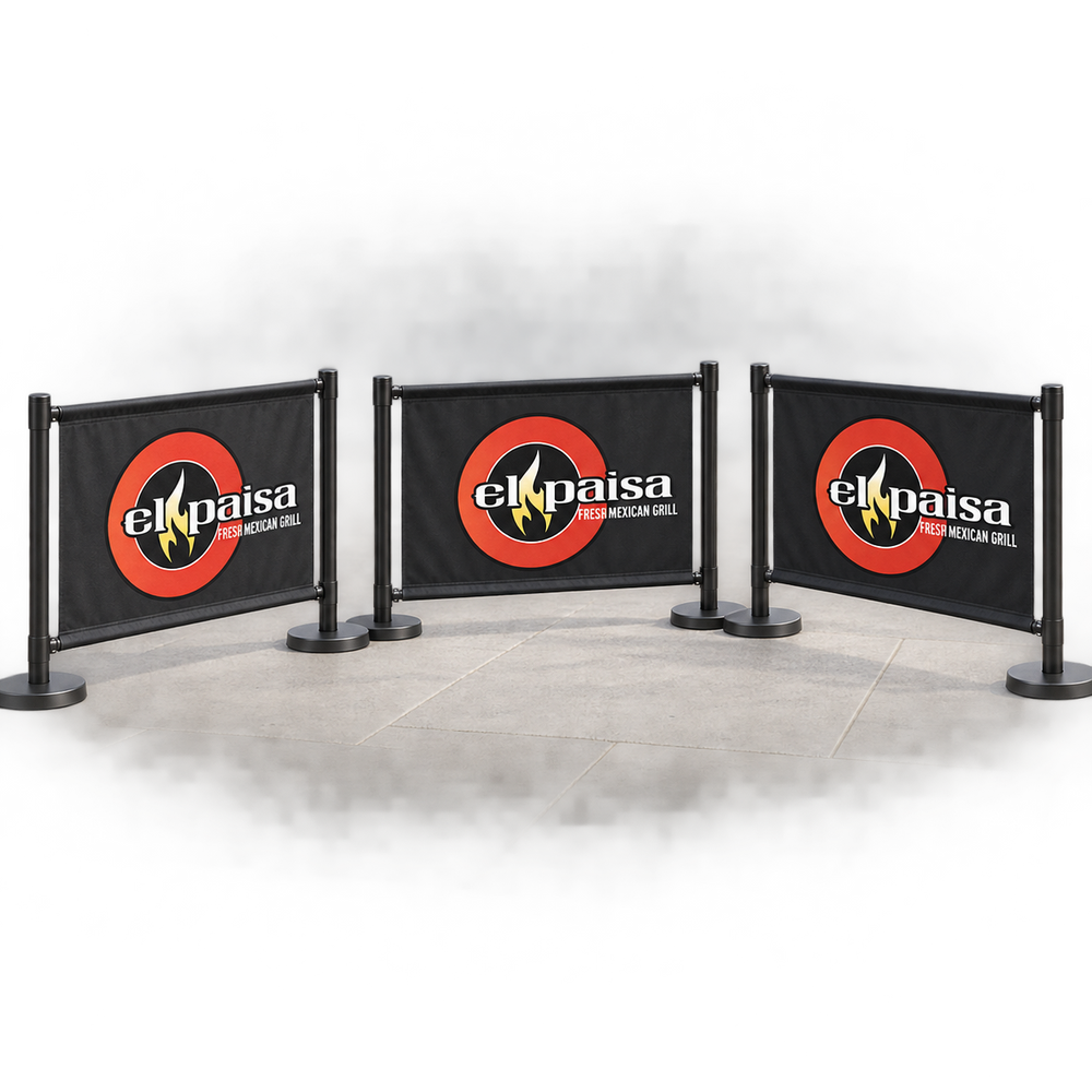 El Paisa Café Barrier Set | 3 Independent Branded Modules. AI-generated branding mockup; final proof approved before production.